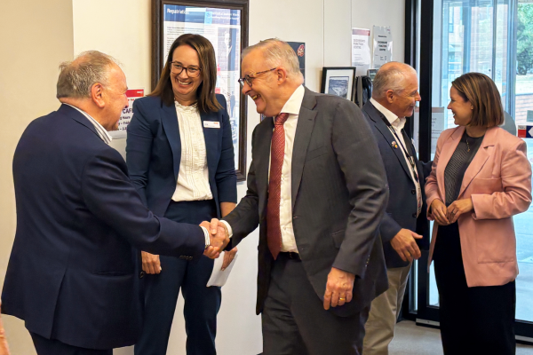 Robert Winther with Prime Minister Anthony Albanese and Austin Health CEO Jodie Geissler at his 60 years of service event